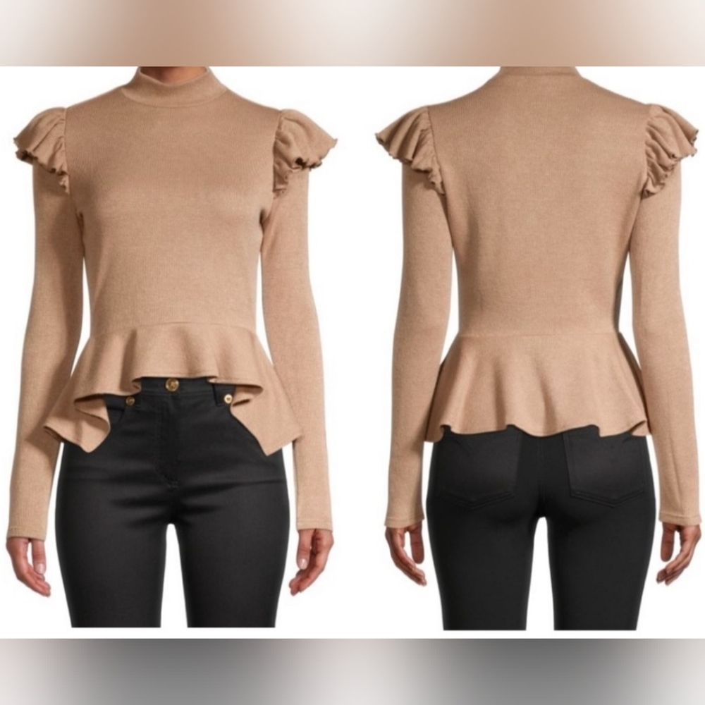 NWOT Walter Baker Women's Peplum Mock Neck Ruffled Sweater Tan Size Medi…